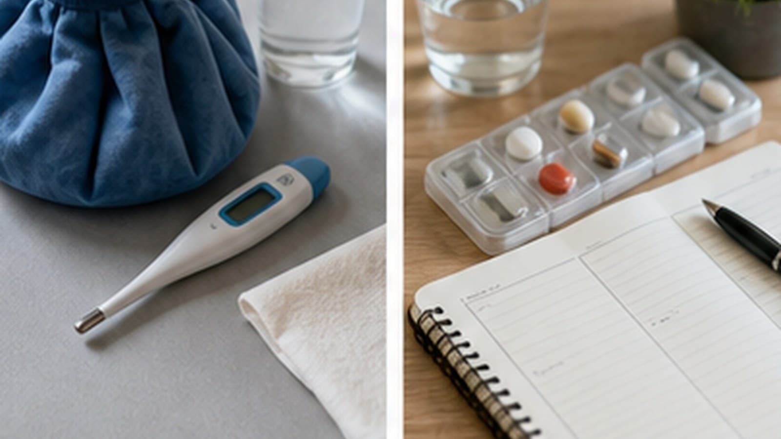 Thermometer, Kühlpack und Medikamentenroutine als Symbol für akute und chronische Erkrankungen