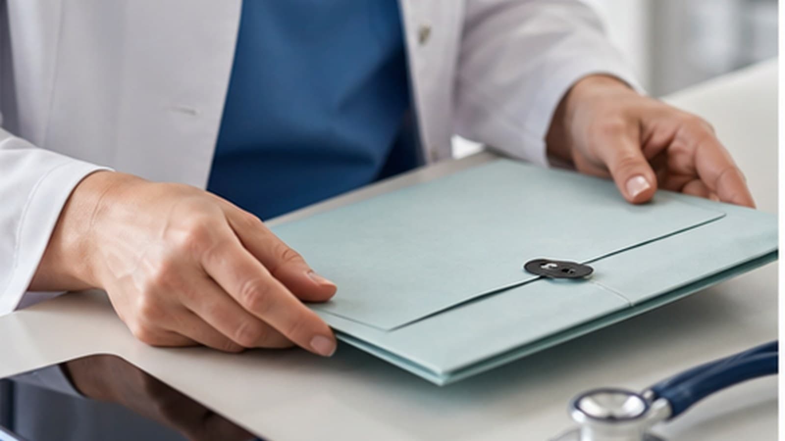 Arzt legt versiegelte Patientenunterlagen auf den Tisch