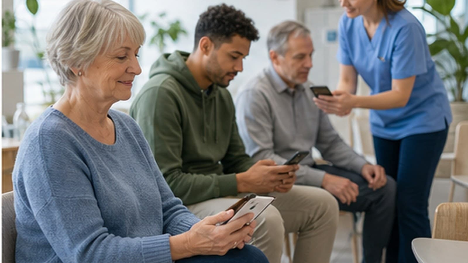 Patientinnen und Patienten nutzen digitale Gesundheitsangebote im Wartebereich