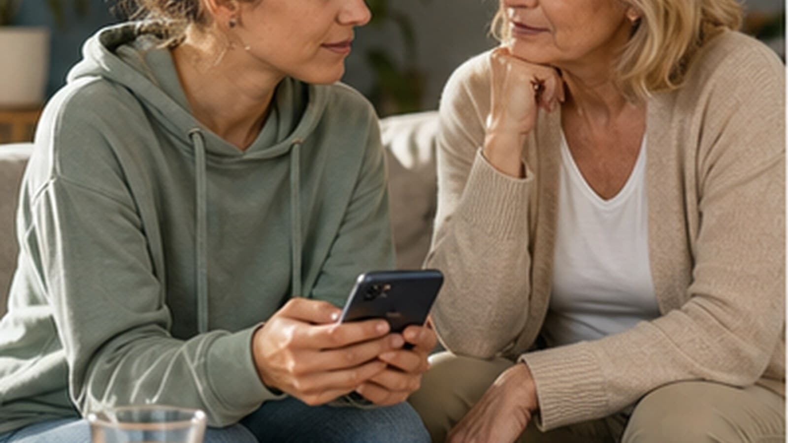 Zwei Personen besprechen eine digitale Gesundheitsentscheidung zu Hause