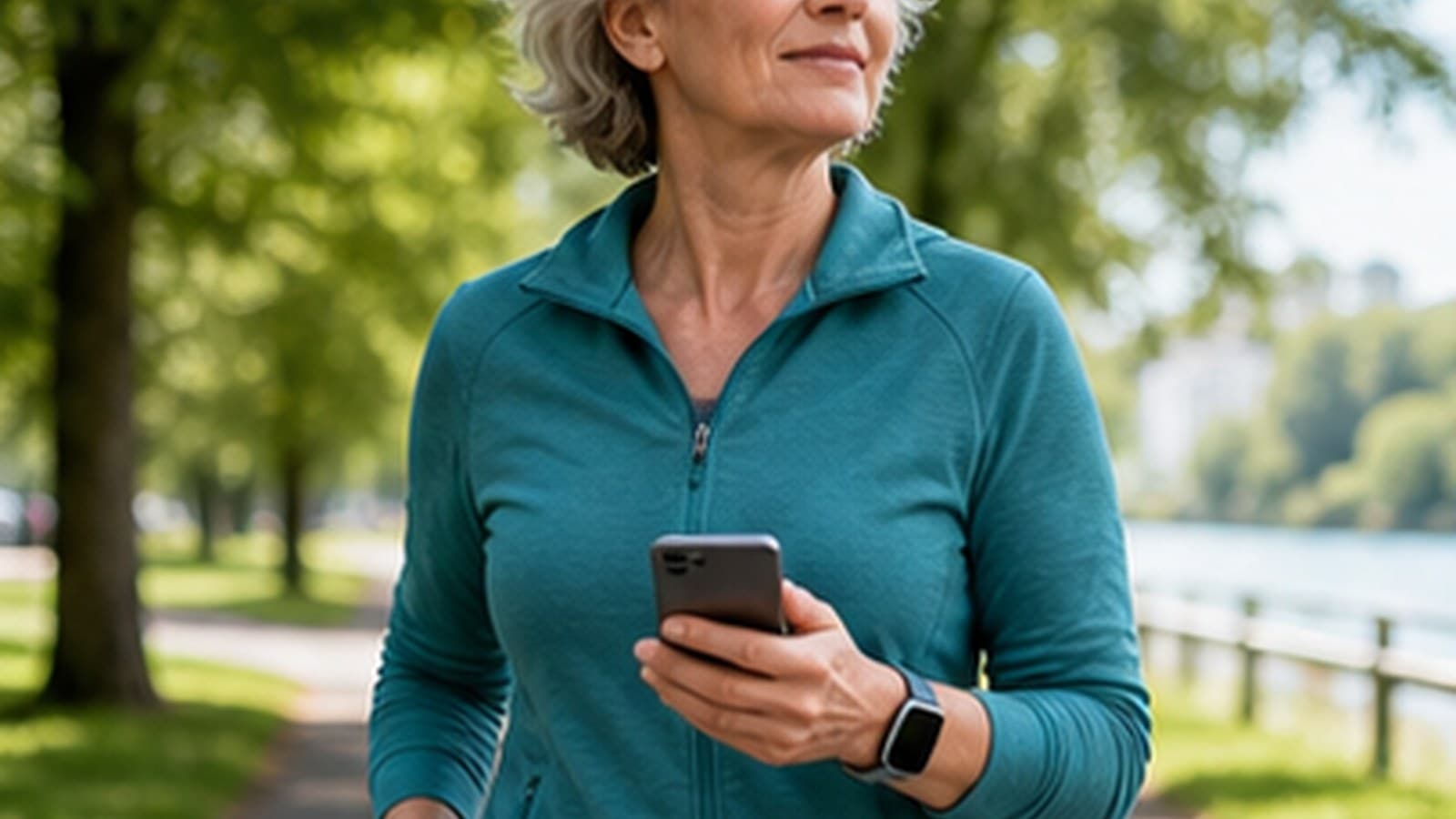 Patientin geht mit Smartphone im Park spazieren