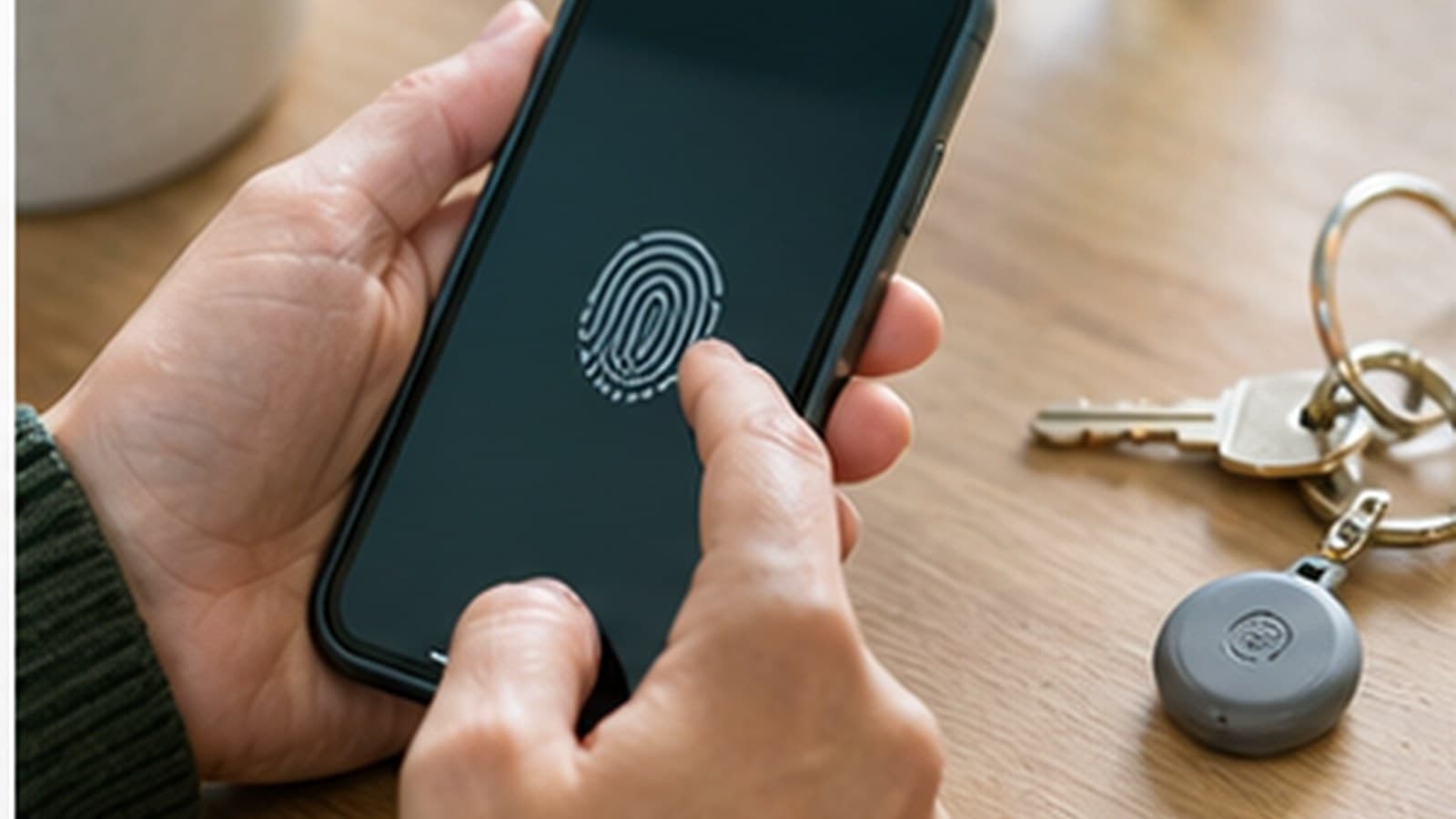 Hand entsperrt Smartphone mit Fingerabdruck als Symbol für Datenschutz
