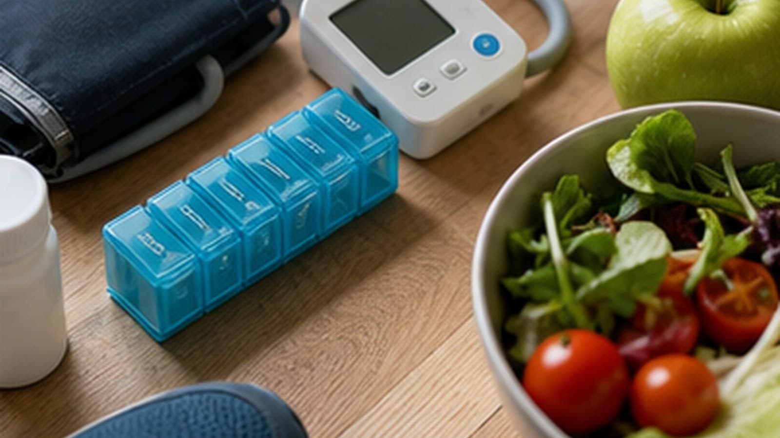 Gesundheitsutensilien mit Blutdruckmessgerät, Medikamentenbox und frischem Gemüse