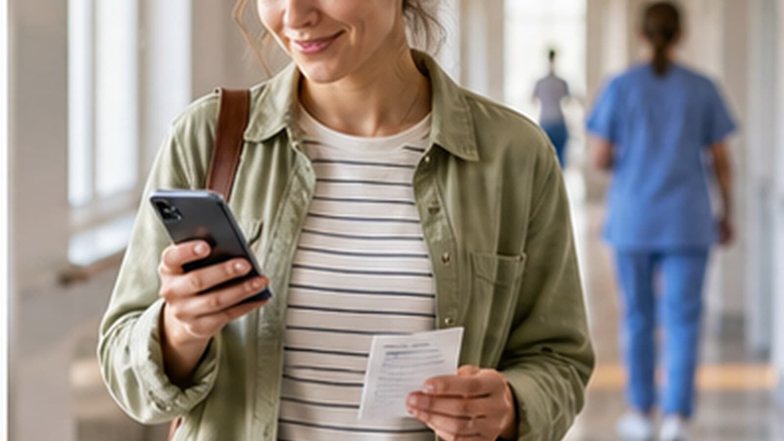 Patientin mit Smartphone und Rezeptunterlage in einem Klinikflur