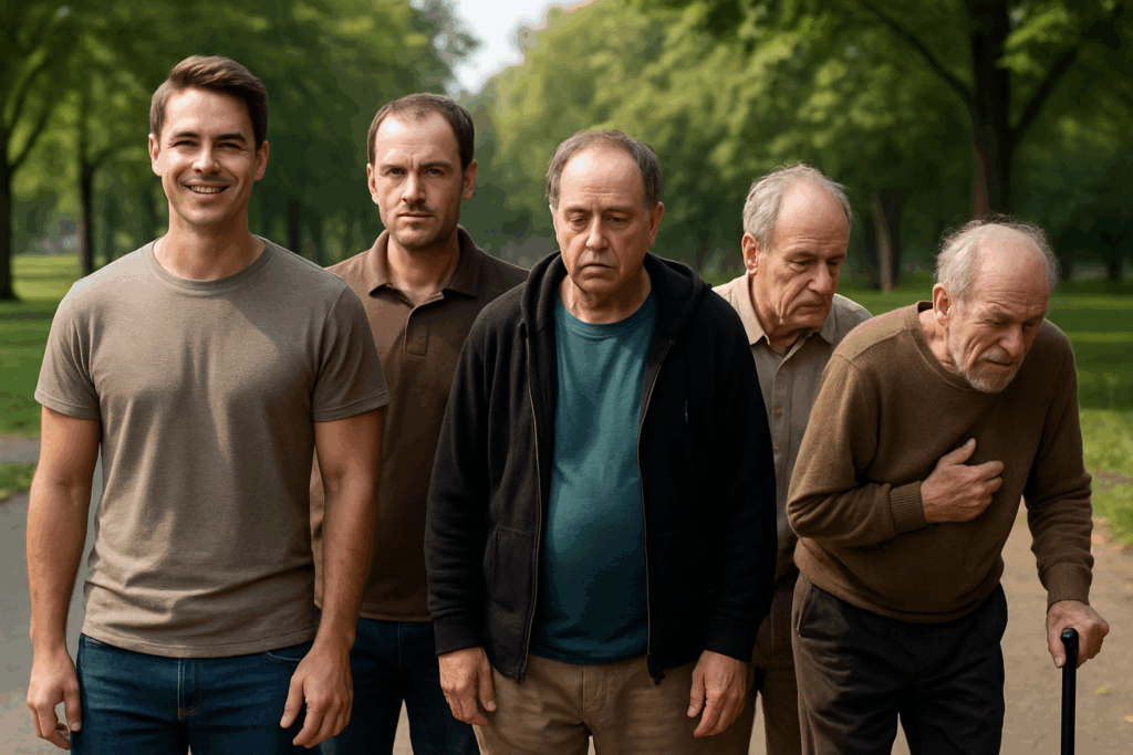 Fünf Männer stehen im Park zusammen.