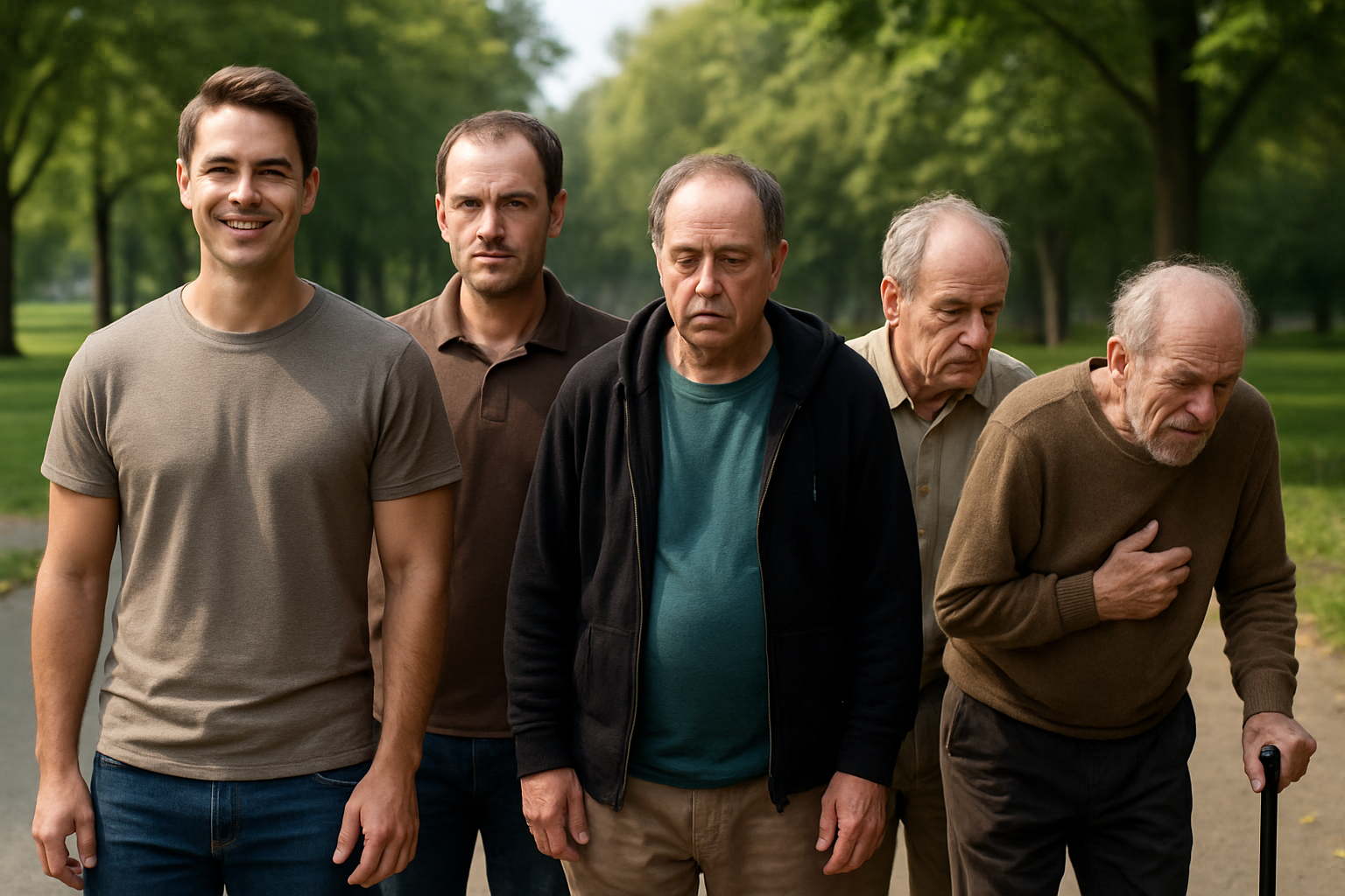 Fünf Männer stehen im Park zusammen.