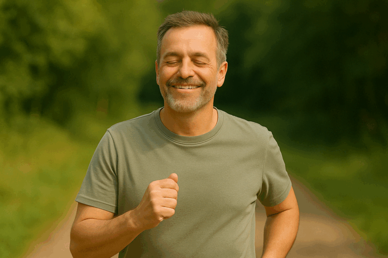 Lächelnder Mann joggt im Freien.