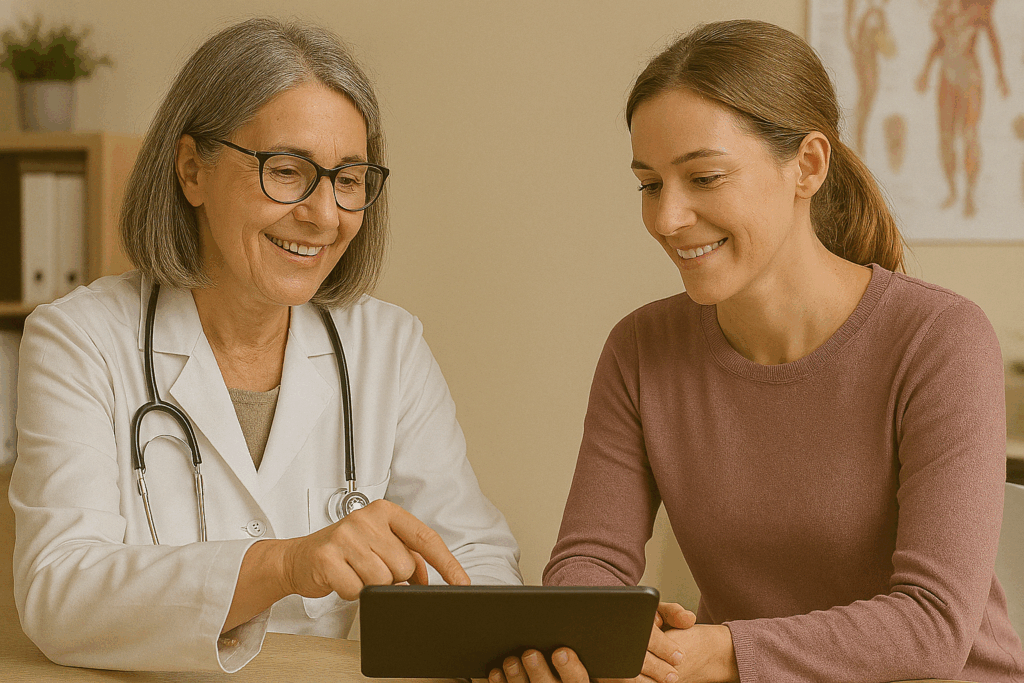 Ärztin berät Patientin über digitale Gesundheitsressourcen.
