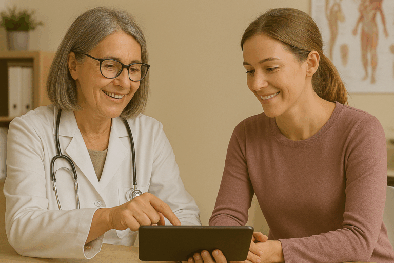 Ärztin berät Patientin über digitale Gesundheitsressourcen.