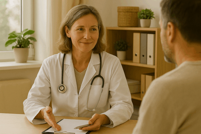 Ärztin im Gespräch mit Patient