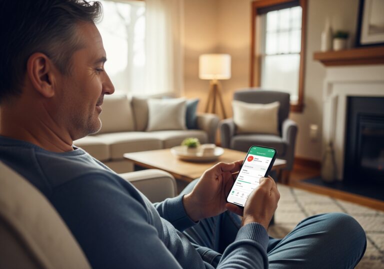 Mann schaut auf sein Smartphone im Wohnzimmer.