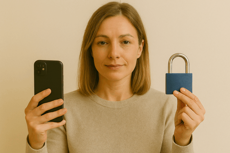 Frau mit Smartphone und blaurem Schloss.