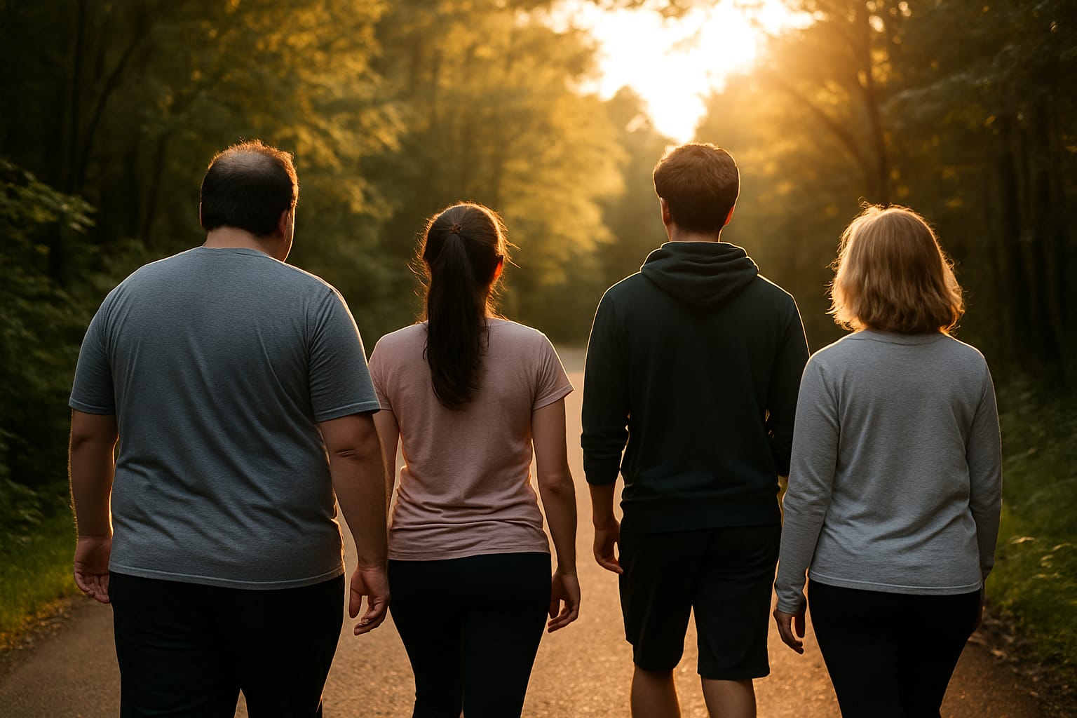Gruppe von Menschen geht im Wald bei Sonnenuntergang.