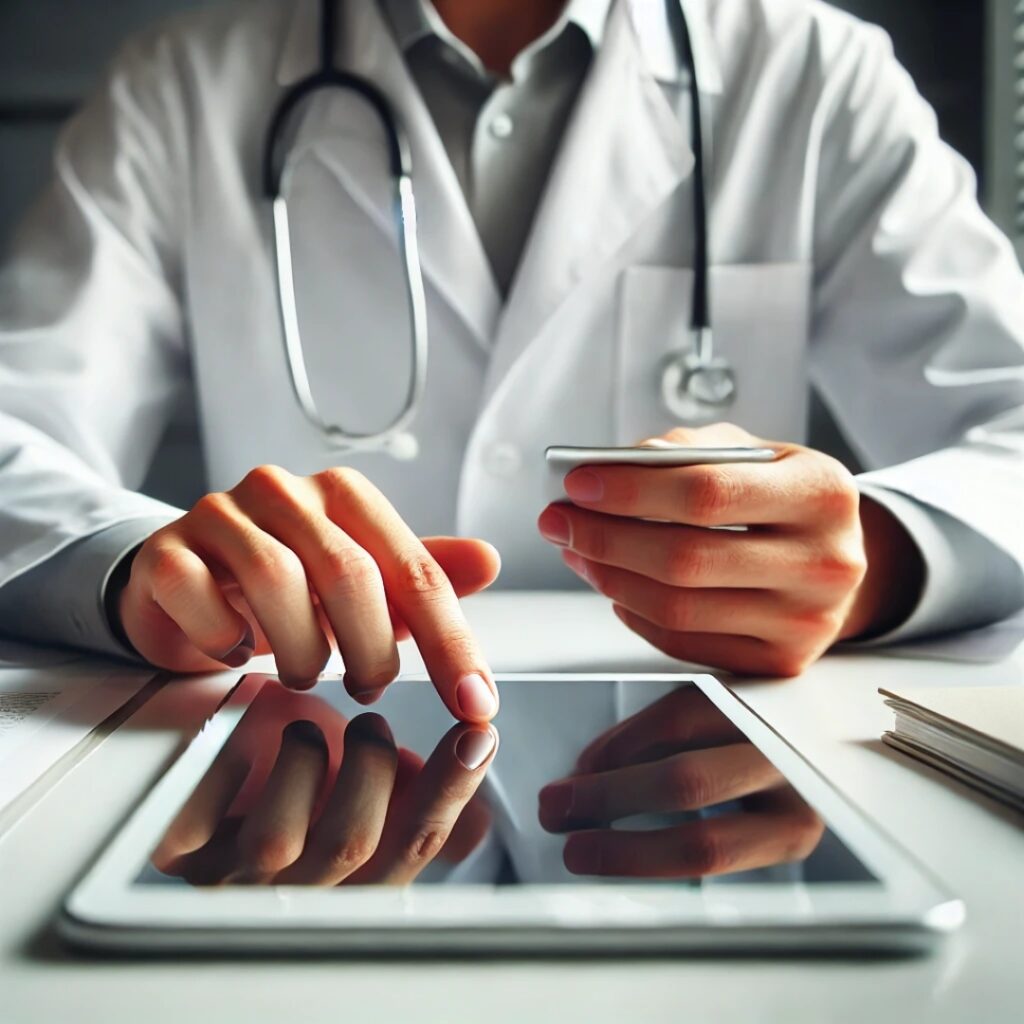 Arzt nutzt Tablet für digitale Dokumentation.