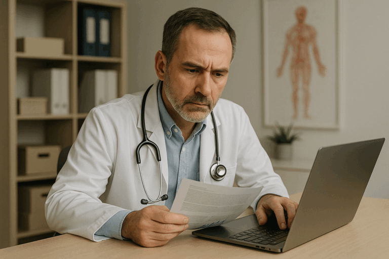 Arzt arbeitet am Computer mit Dokumenten.