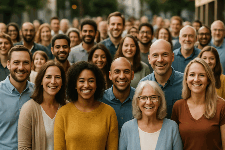 Lächelnde Menschen stehen zusammen in einer Gruppe.