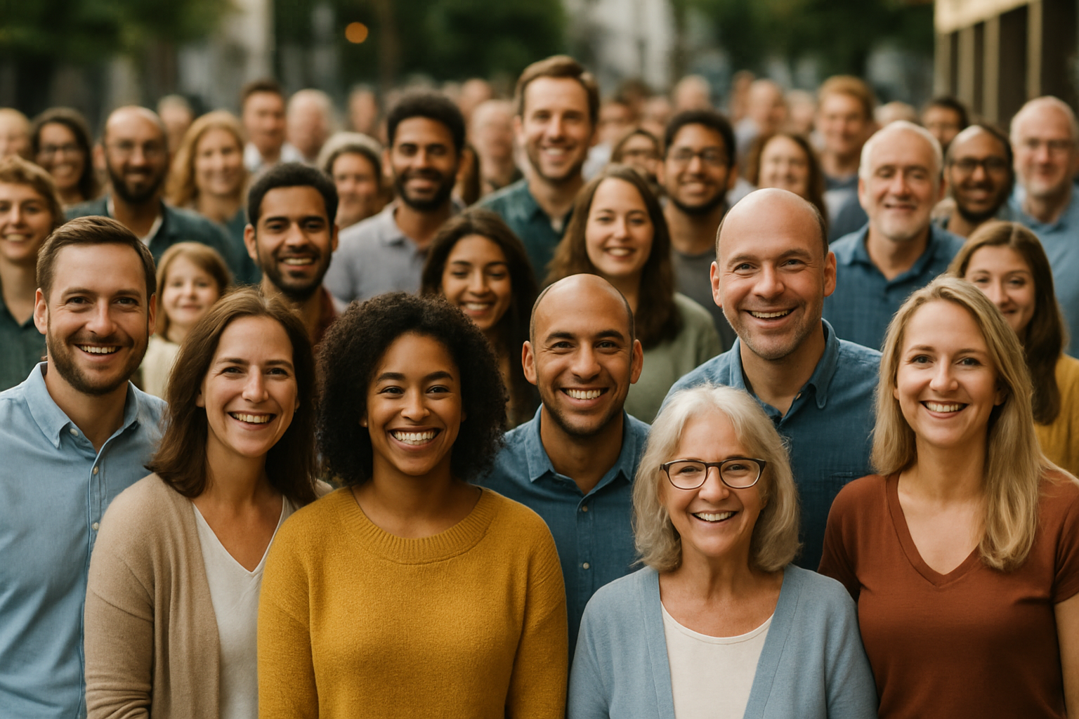 Lächelnde Menschen stehen zusammen in einer Gruppe.
