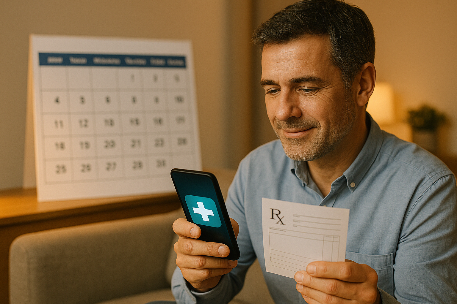 Mann nutzt Smartphone für Rezeptanfragen.