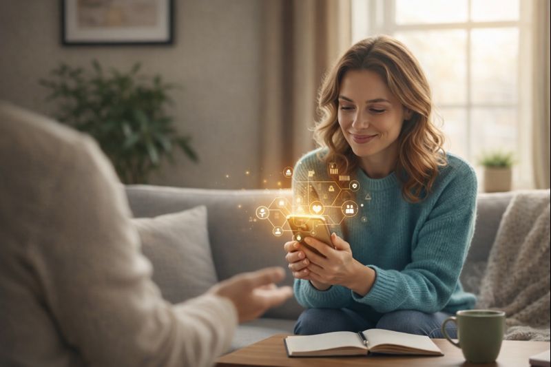 Frau mit Smartphone und digitalen Icons