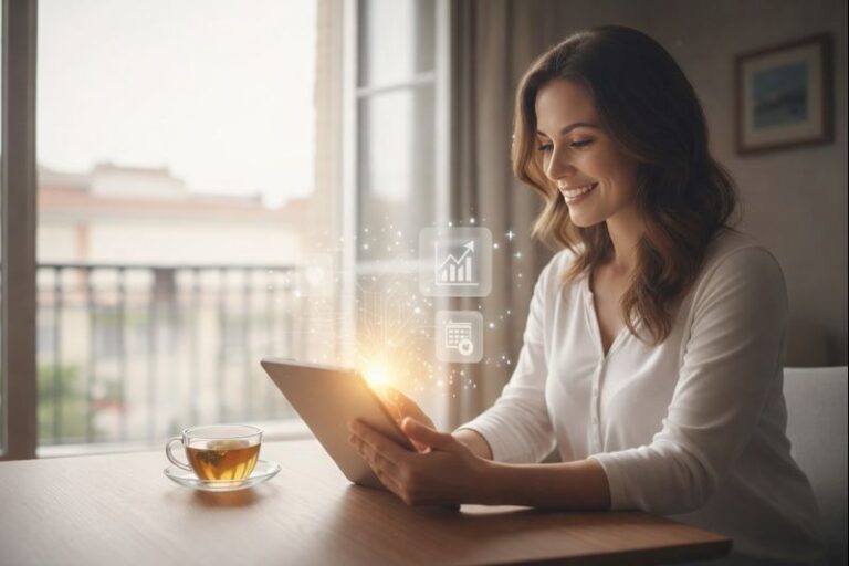 Frau mit Tablet und Tee am Tisch