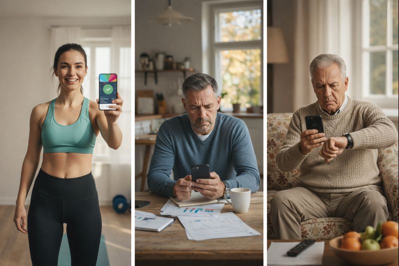 Menschen nutzen Smartphones in verschiedenen Alltagssituationen.